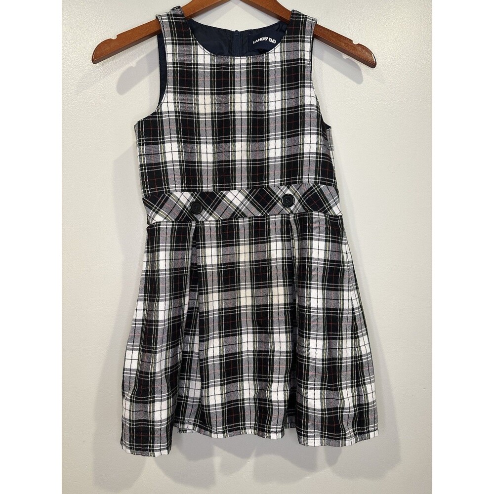 Lands' End Girls Blue Green Plaid Sleeveless Dress Pleated Button Size 7 Holiday